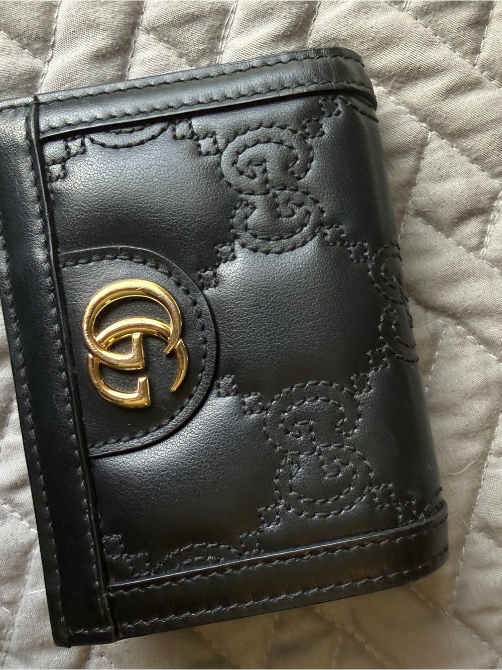 Black Quilted Leather Wallet with Gold Hardware